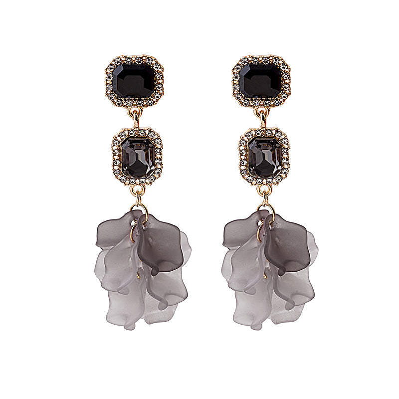 Vintage Court Irregular Acrylic Crystal Black Rose Petal Earrings