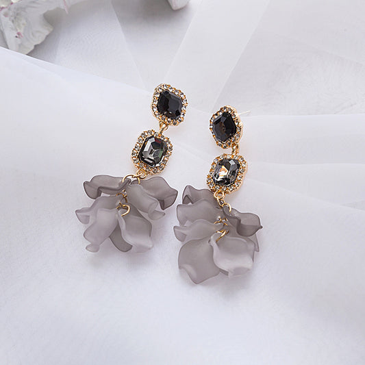 Vintage Court Irregular Acrylic Crystal Black Rose Petal Earrings