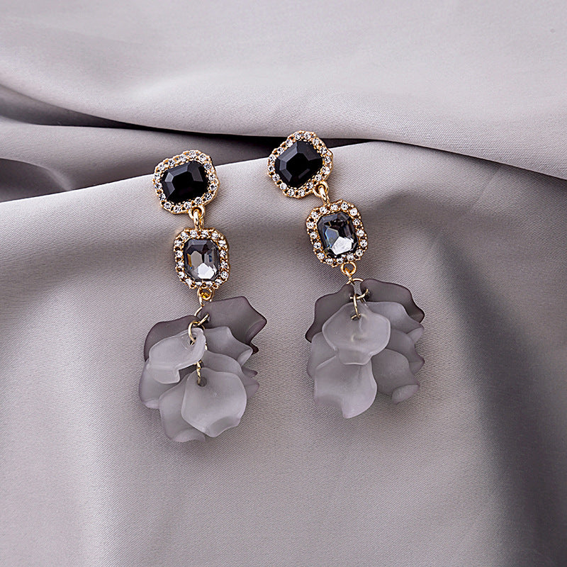 Vintage Court Irregular Acrylic Crystal Black Rose Petal Earrings