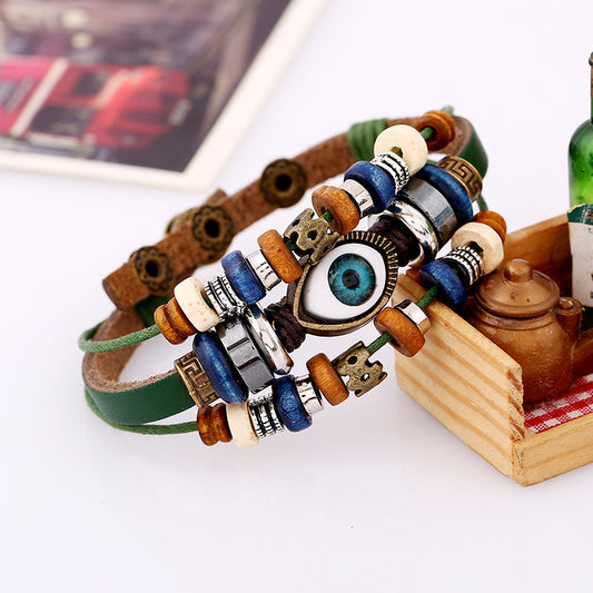 Ornament Beaded Eyes Cattle Leather Pull Adjustment Bracelets