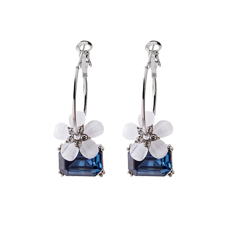 Sier Needle Temperament Camellia Ear Long Earrings