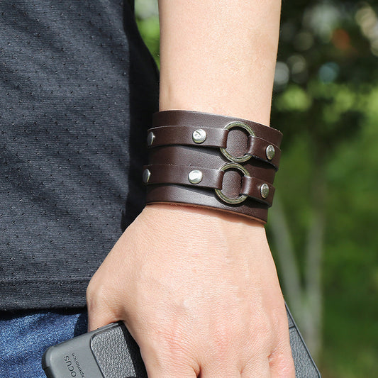 Herren-Punk-Doppelkreis-Rinderleder-Schmuckarmbänder