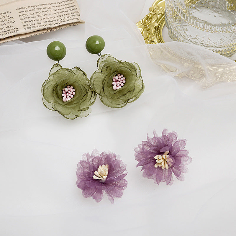 Mousseline de soie dentelle fleur fée violet avocat vert boucles d'oreilles