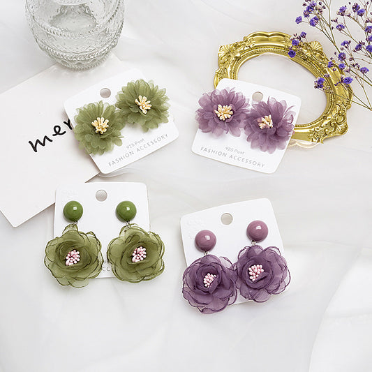 Chiffon Lace Flower Fairy Purple Avocado Green Earrings