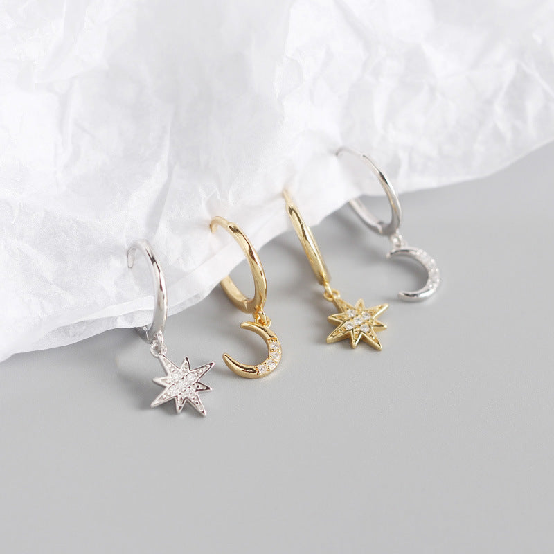 Women's Sterling Sier Geometric Star Moon Diamond Earrings