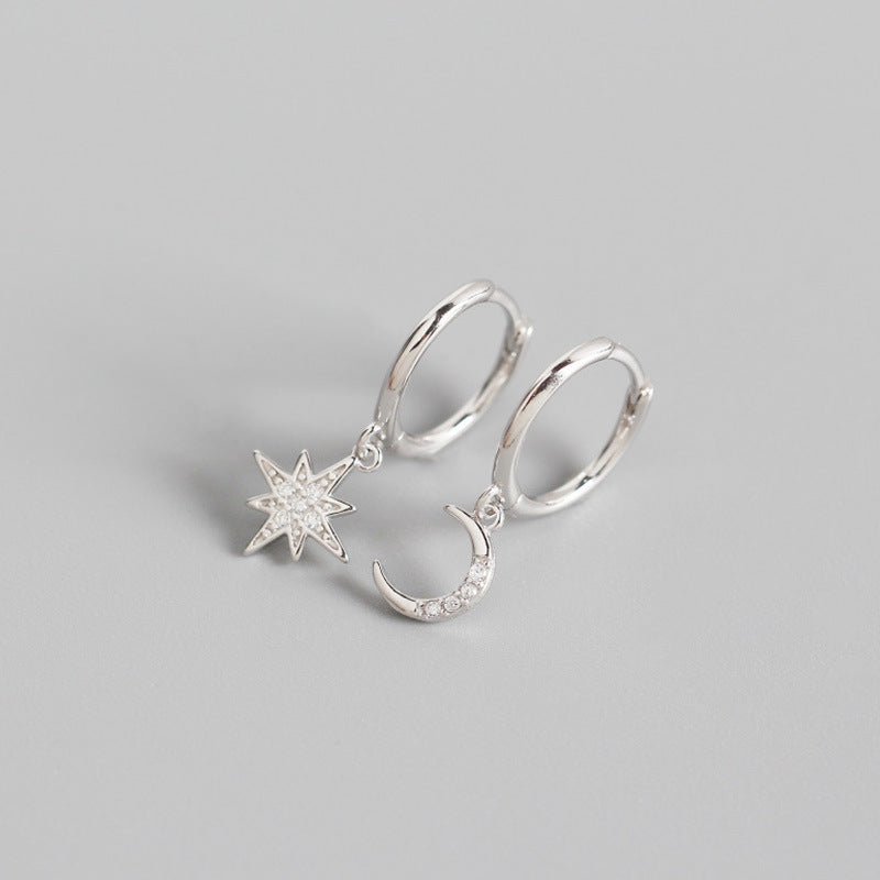 Women's Sterling Sier Geometric Star Moon Diamond Earrings