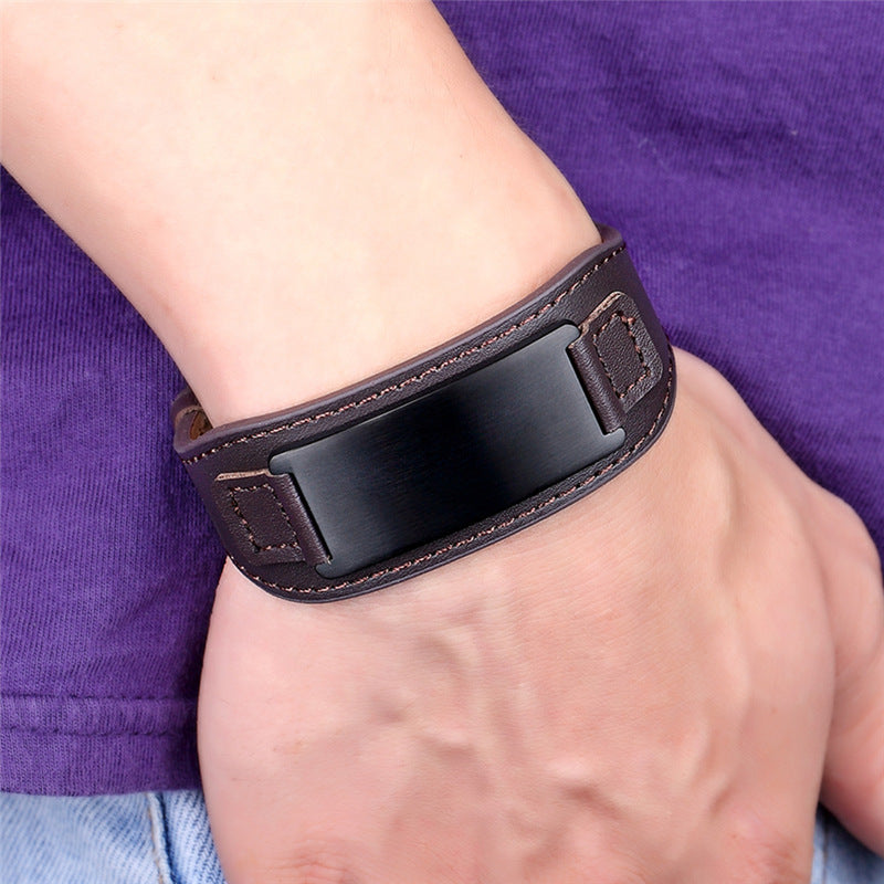 Men's Stainless Black Color Curved Leather Adjustable Bracelets