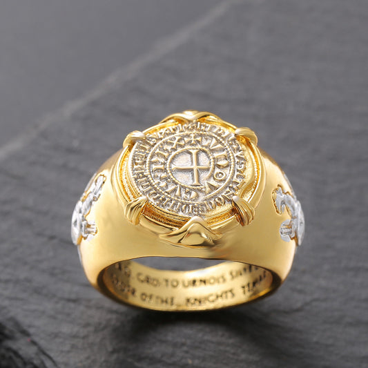 Bagues en plaqué or Brave Gold Coin pour hommes Crusader