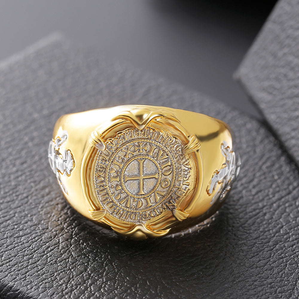 Bagues en plaqué or Brave Gold Coin pour hommes Crusader