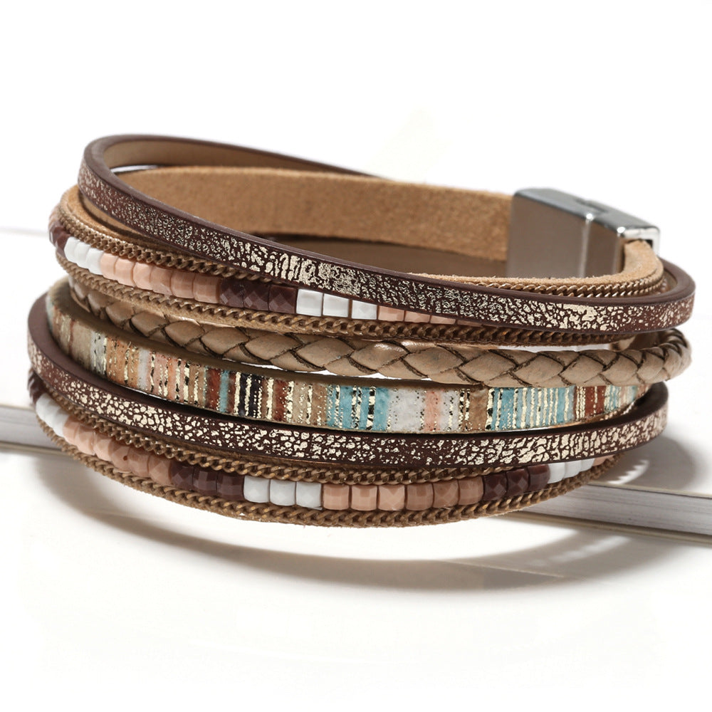 Women's Bohemian Hand-woven Leather Alloy Magnetic Snap Bracelets