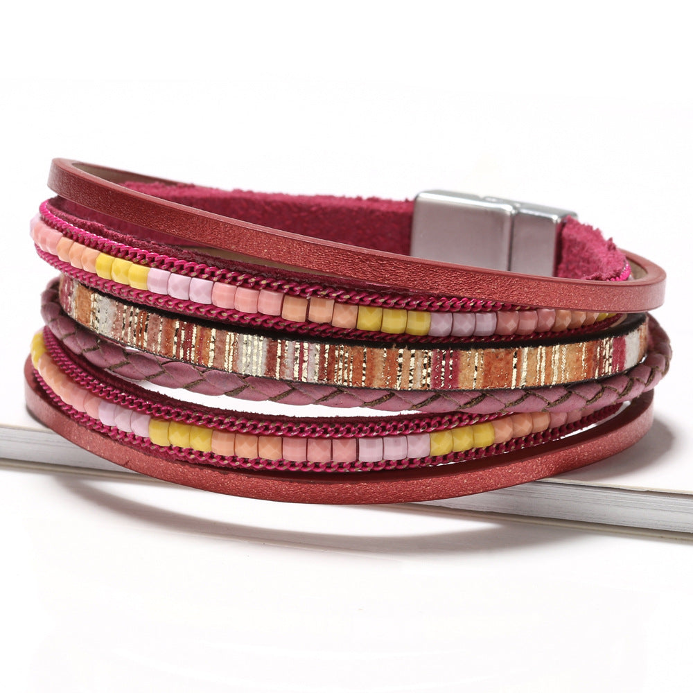 Women's Bohemian Hand-woven Leather Alloy Magnetic Snap Bracelets