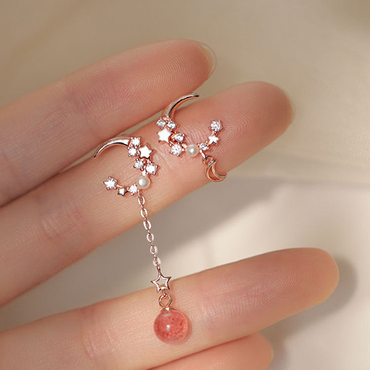 Star Moon Asymmetric Crystal Strawberry Ear Earrings