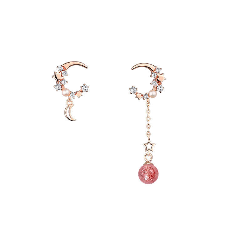 Star Moon Asymmetric Crystal Strawberry Ear Earrings