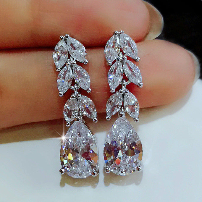 Women's Shi Ornament Fashion Mid-length Zircon Leaf Earrings