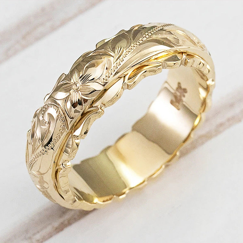 Women's Shi Gold Plated Floating Carved Rose Flower Wedding Rings