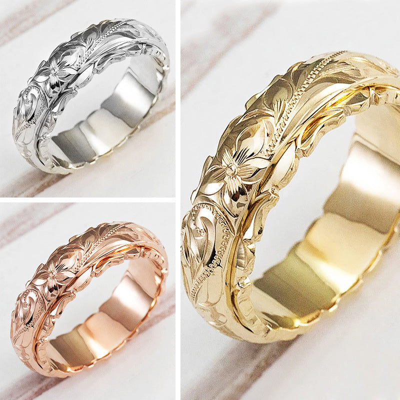 Women's Shi Gold Plated Floating Carved Rose Flower Wedding Rings