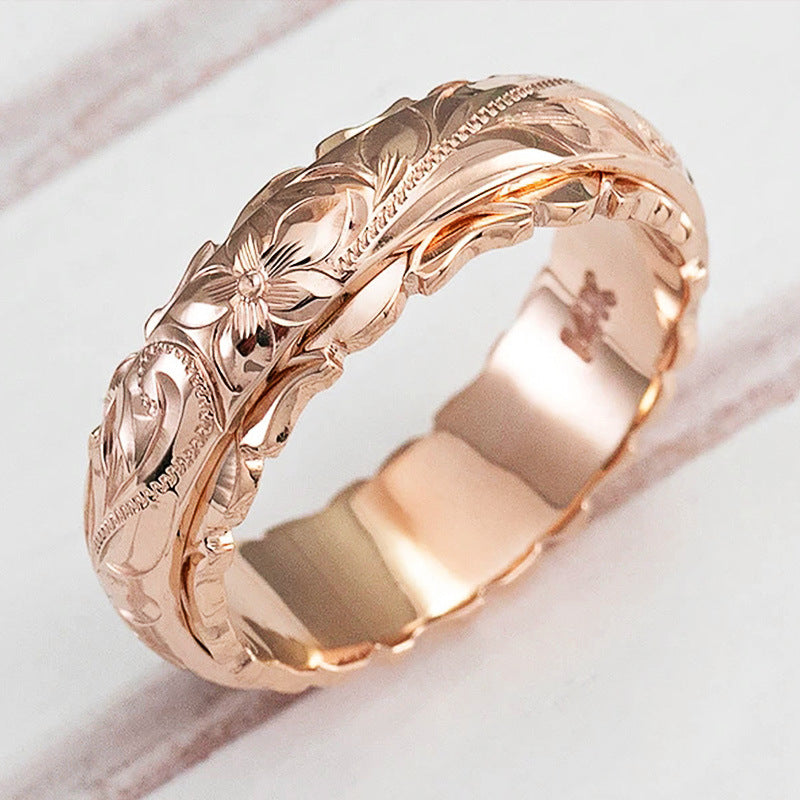 Women's Shi Gold Plated Floating Carved Rose Flower Wedding Rings