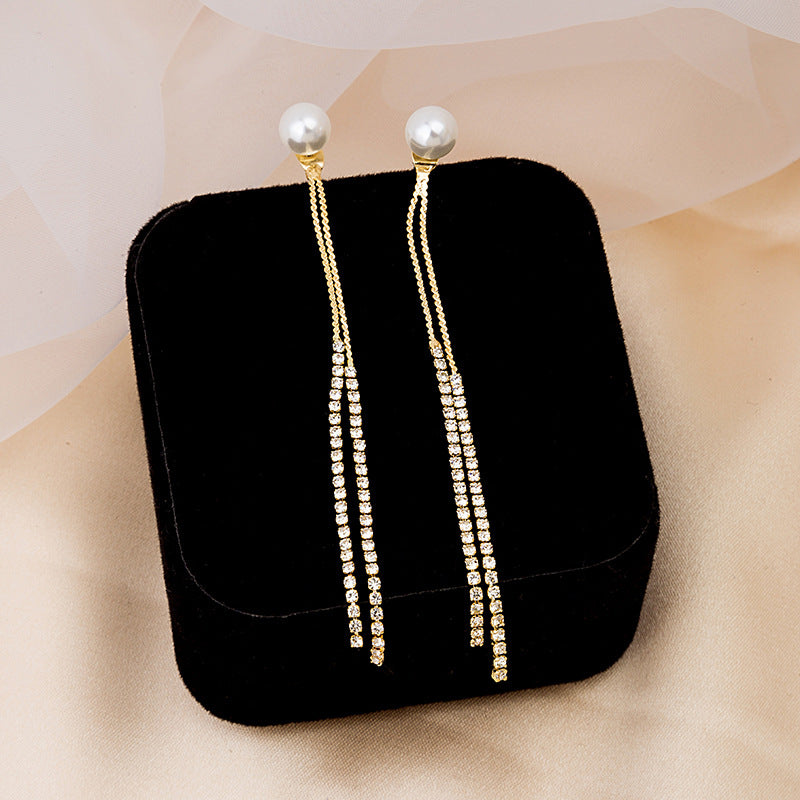 Sier Needle Rhinestone Pearl Tassel Elegant Fashion Super Earrings