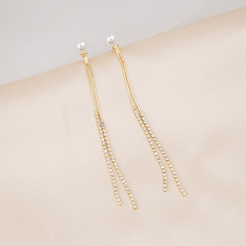 Sier Needle Rhinestone Pearl Tassel Elegant Fashion Super Earrings