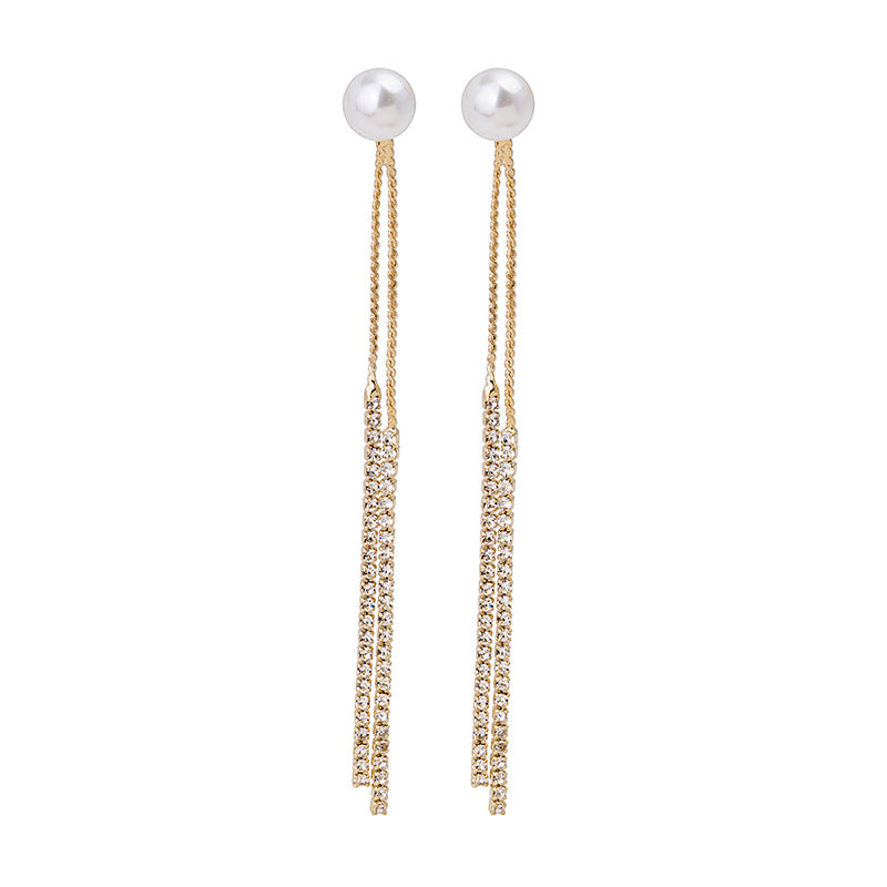 Sier Needle Rhinestone Pearl Tassel Elegant Fashion Super Earrings