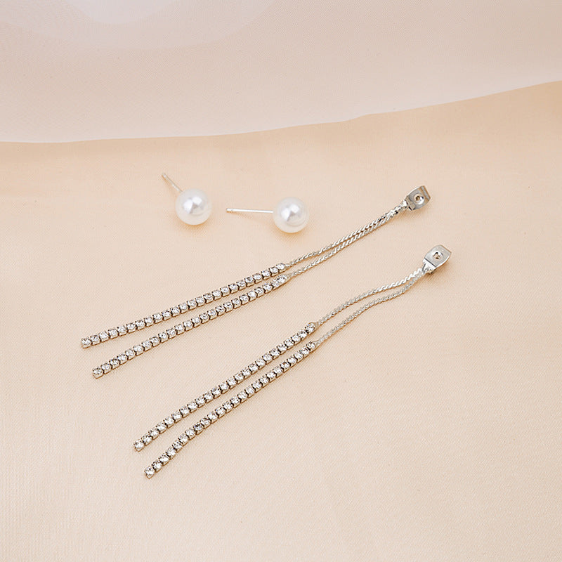 Sier Needle Rhinestone Pearl Tassel Elegant Fashion Super Earrings