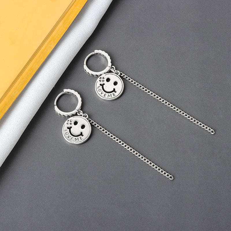 Boucles d'oreilles rondes en argent sterling avec visage souriant pour femme avec alphabet rétro