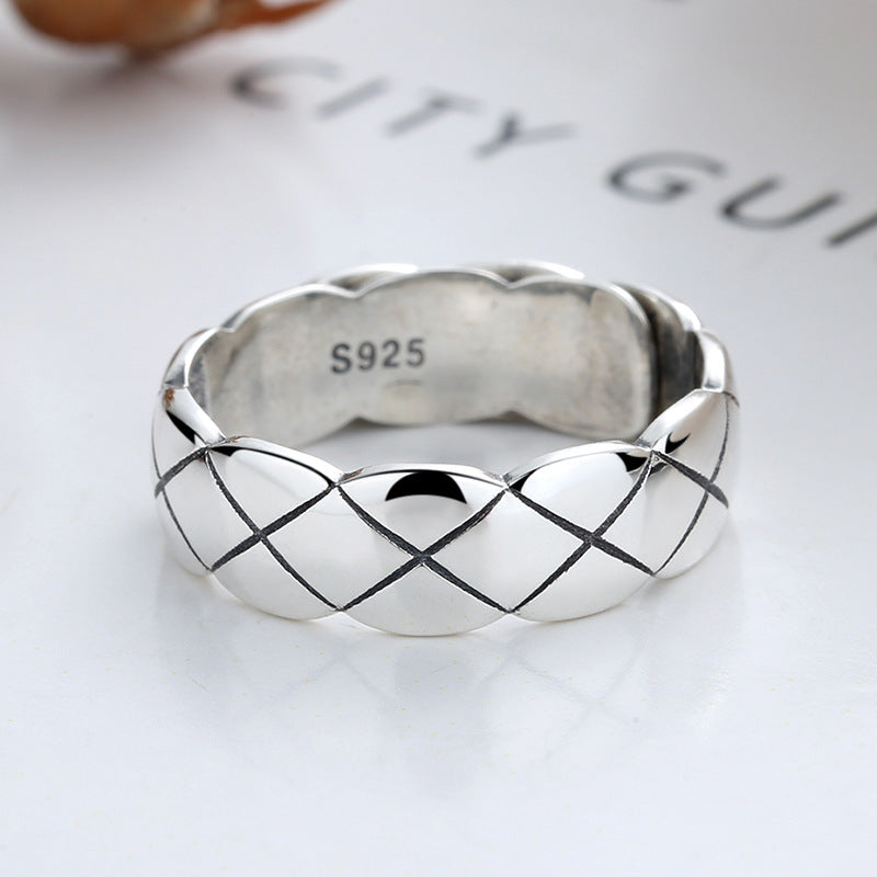 Men's Sier Trendy Diamond Plaid Open Personality Rings