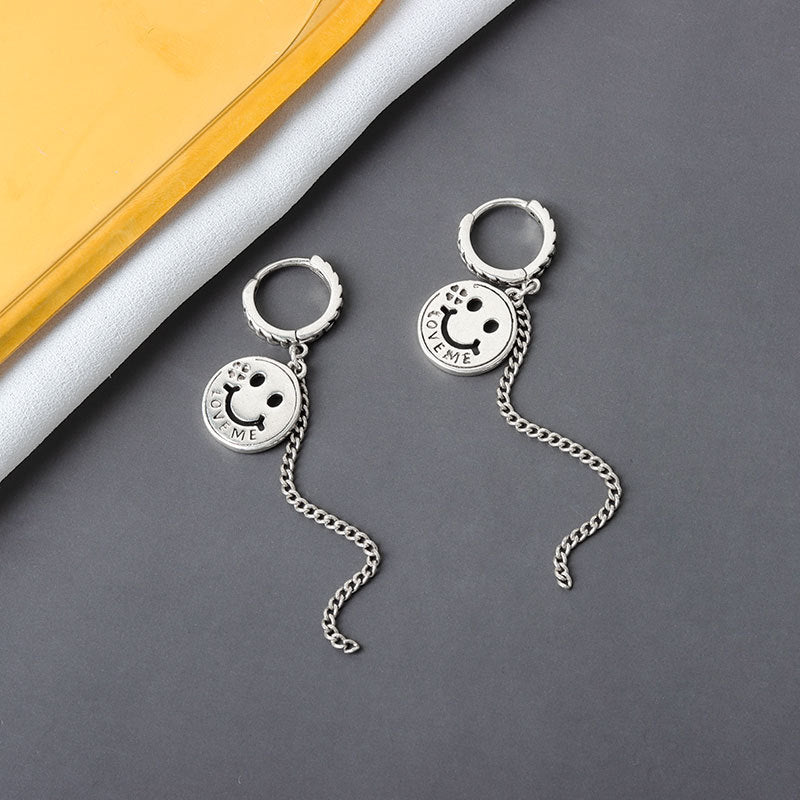 Boucles d'oreilles rondes en argent sterling avec visage souriant pour femme avec alphabet rétro