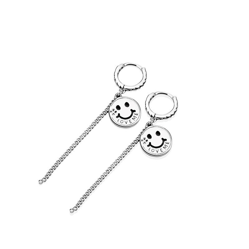 Boucles d'oreilles rondes en argent sterling avec visage souriant pour femme avec alphabet rétro