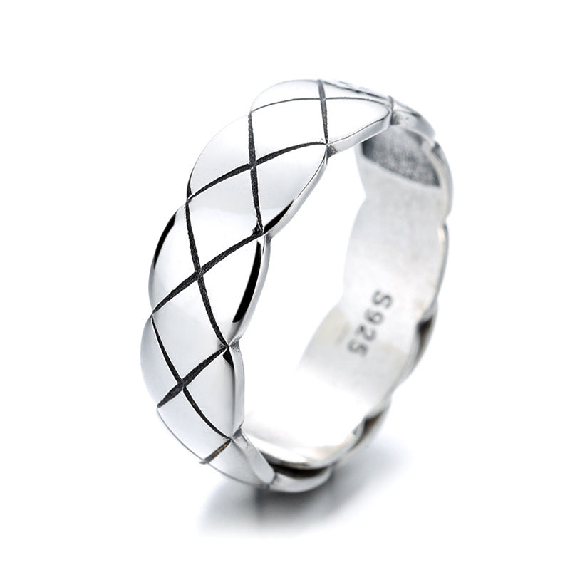 Men's Sier Trendy Diamond Plaid Open Personality Rings