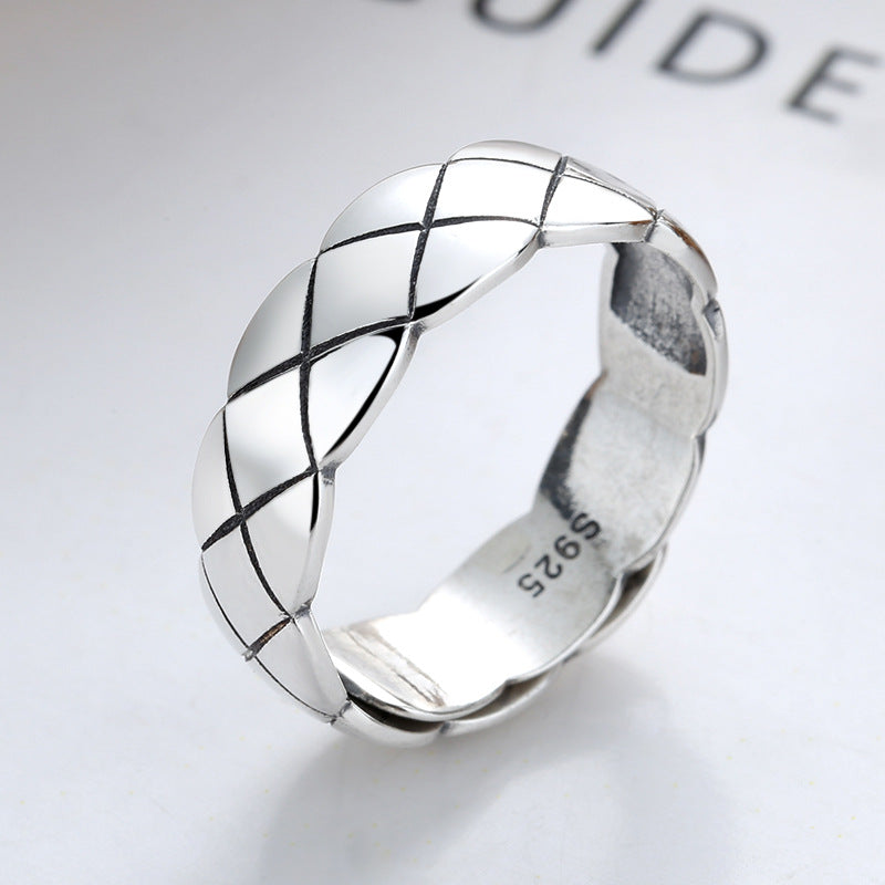 Men's Sier Trendy Diamond Plaid Open Personality Rings