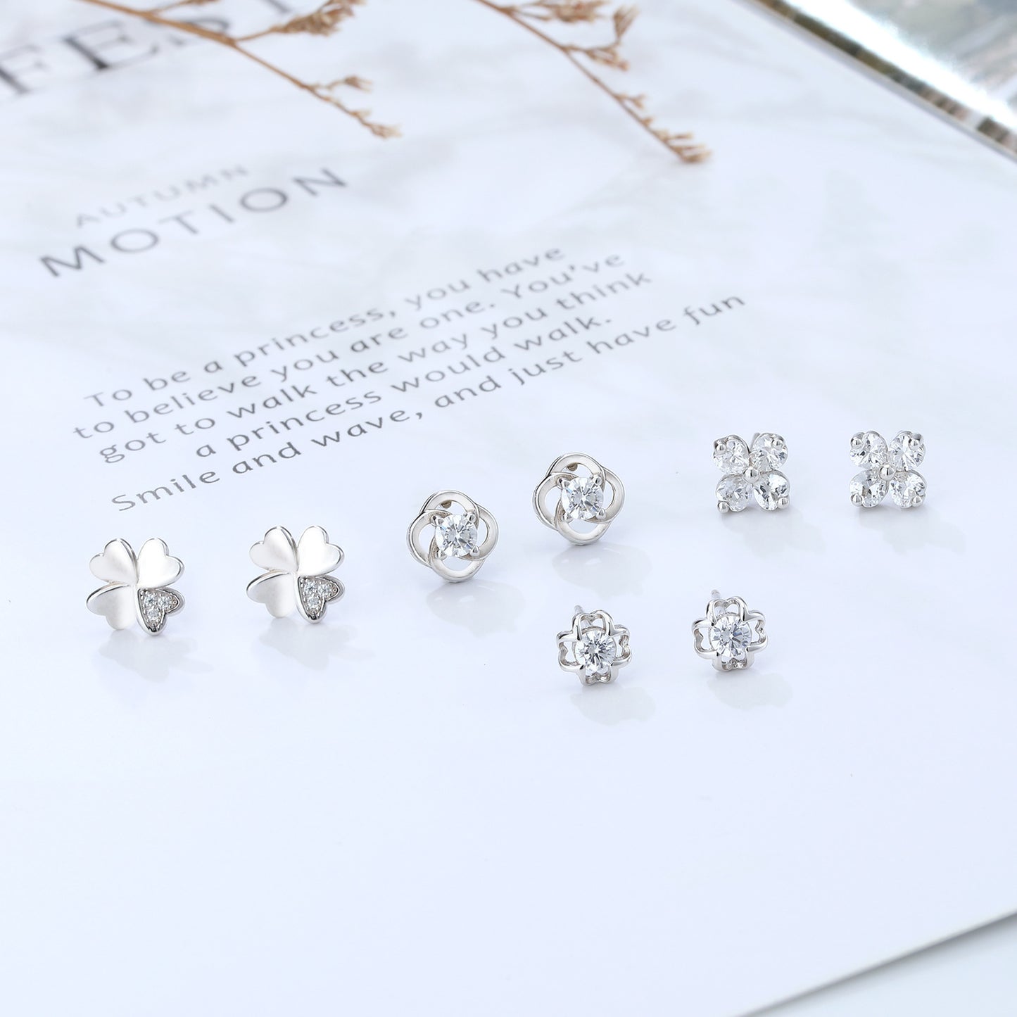 Sterling Sier Clover Small Fresh Simple Zircon Rings