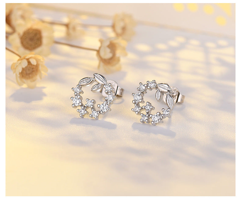 Women's Sier Needle Korean Popular Trendy Leaves Garland Zircon Simple Mini Rings