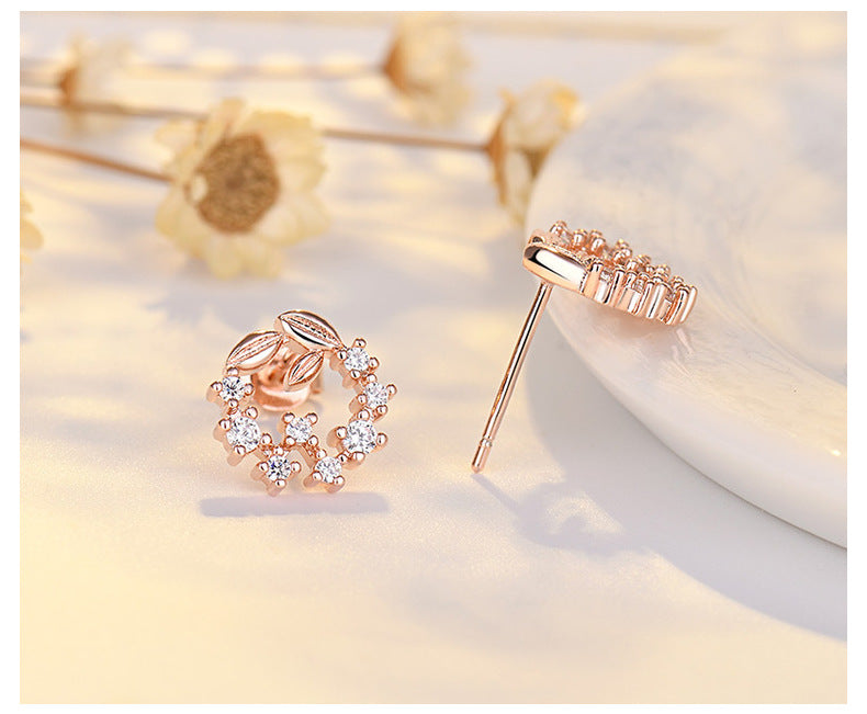 Women's Sier Needle Korean Popular Trendy Leaves Garland Zircon Simple Mini Rings