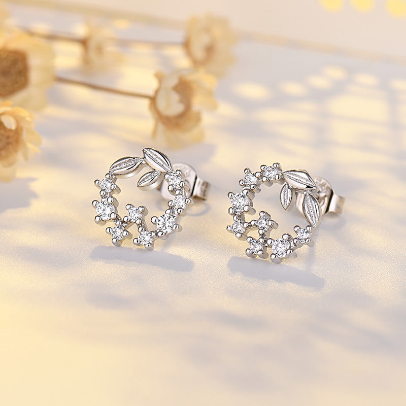 Women's Sier Needle Korean Popular Trendy Leaves Garland Zircon Simple Mini Rings
