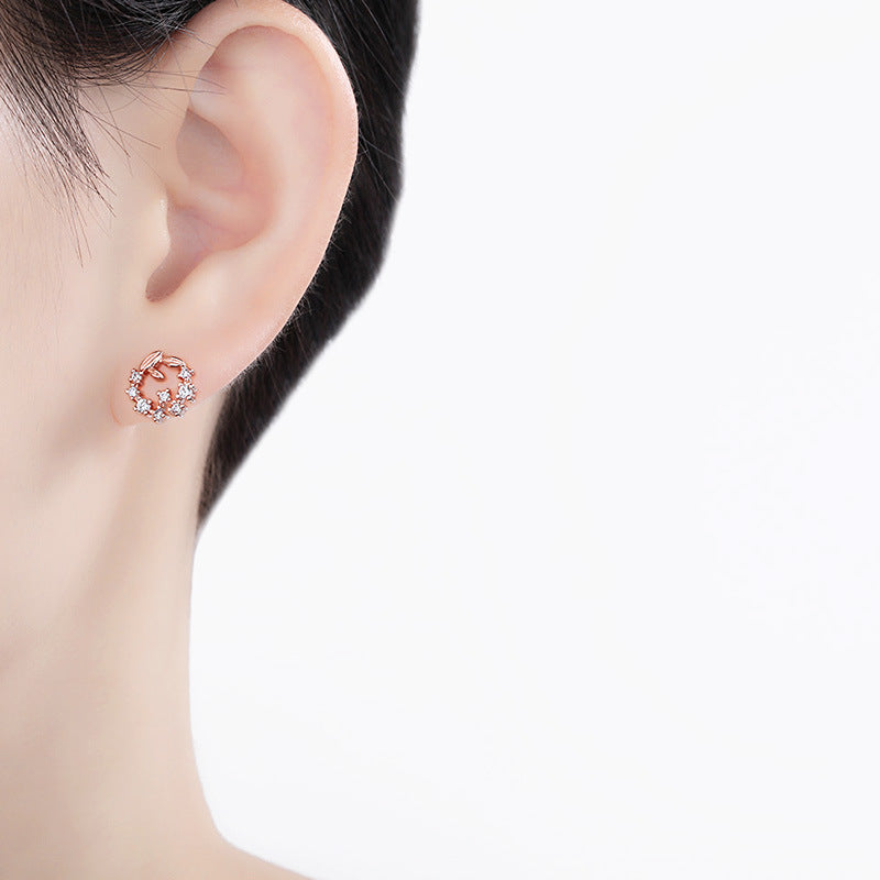 Women's Sier Needle Korean Popular Trendy Leaves Garland Zircon Simple Mini Rings