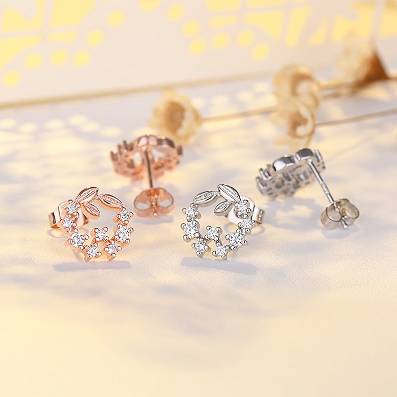 Women's Sier Needle Korean Popular Trendy Leaves Garland Zircon Simple Mini Rings