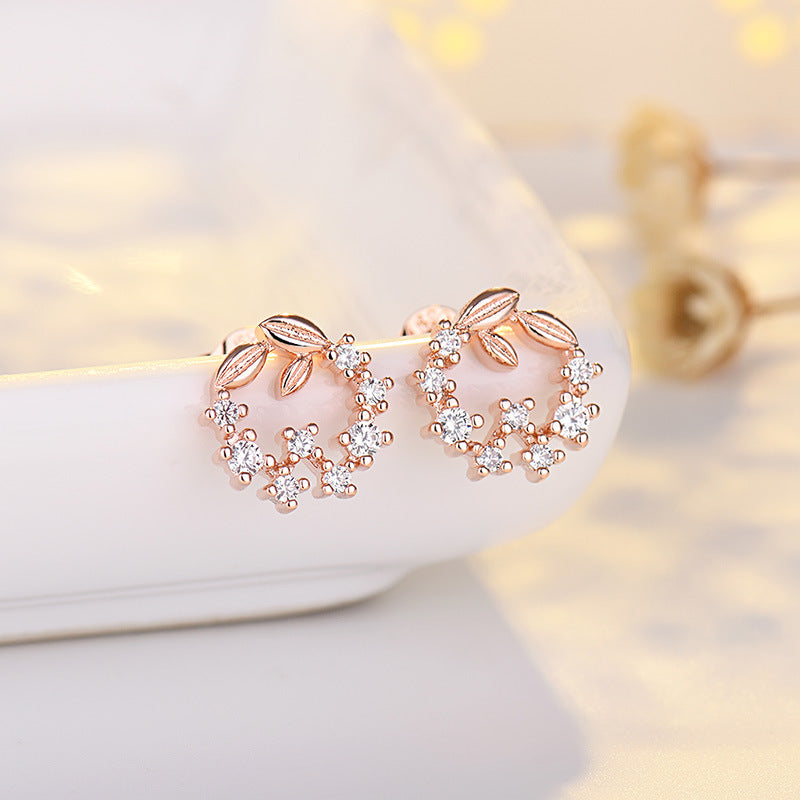 Women's Sier Needle Korean Popular Trendy Leaves Garland Zircon Simple Mini Rings