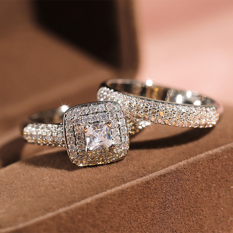 Women's Diamond Couple Princess Square Set Fashion Rings