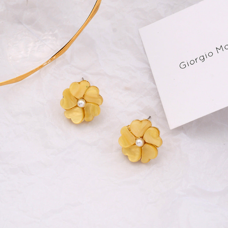 Women's Fresh Yellow Series Pearl Tassel Beautiful Flowers Earrings