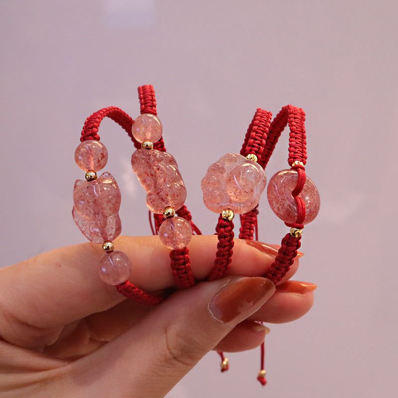 Women's Natural Strawberry Quartz Ornament Matching Peace Bracelets