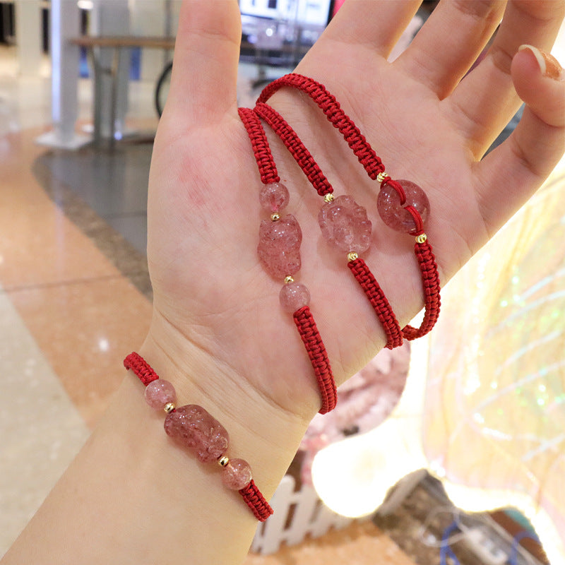 Women's Natural Strawberry Quartz Ornament Matching Peace Bracelets