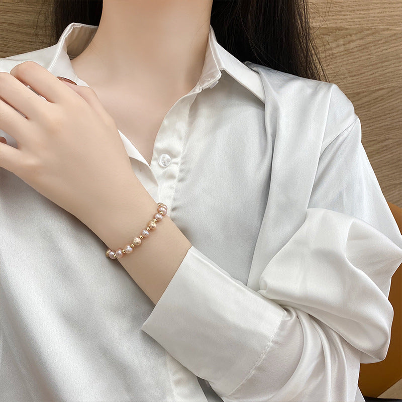 Women's Real Gold Electroplated Baroque Freshwater Pearl Korean Fashion Girlfriends Simple Bracelets