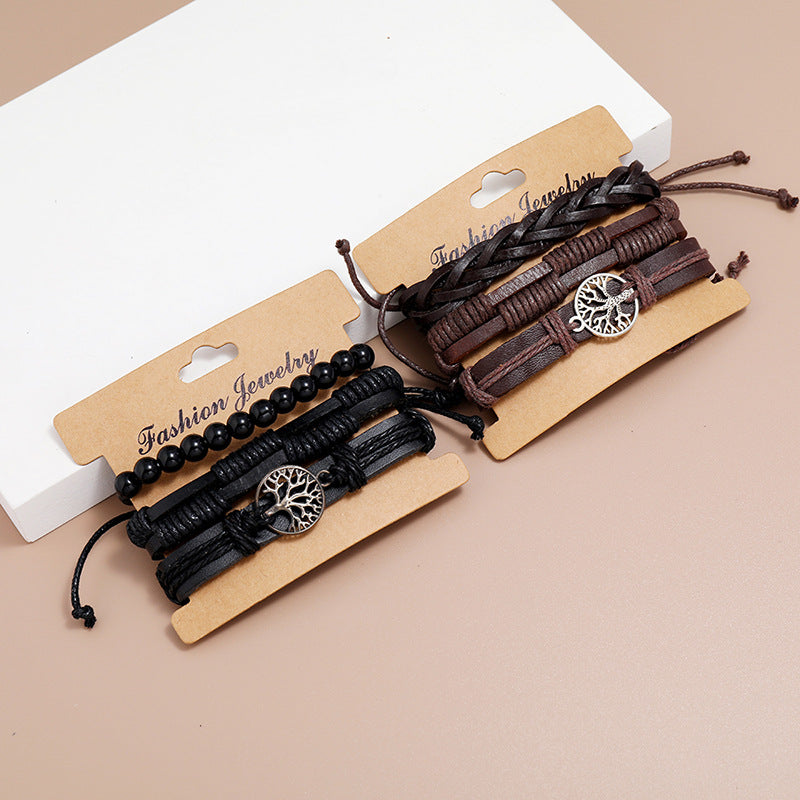 Men's Weave Vintage Cattle Leather Three-piece Set Bracelets