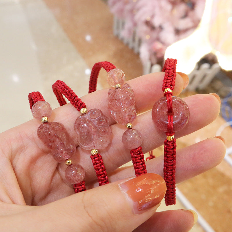 Women's Natural Strawberry Quartz Ornament Matching Peace Bracelets