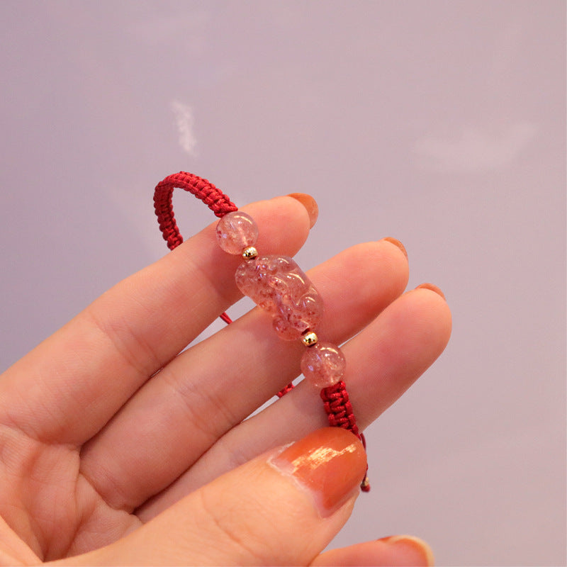 Women's Natural Strawberry Quartz Ornament Matching Peace Bracelets