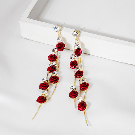 Elegant Sier Needle Rose Tassel Long Earrings