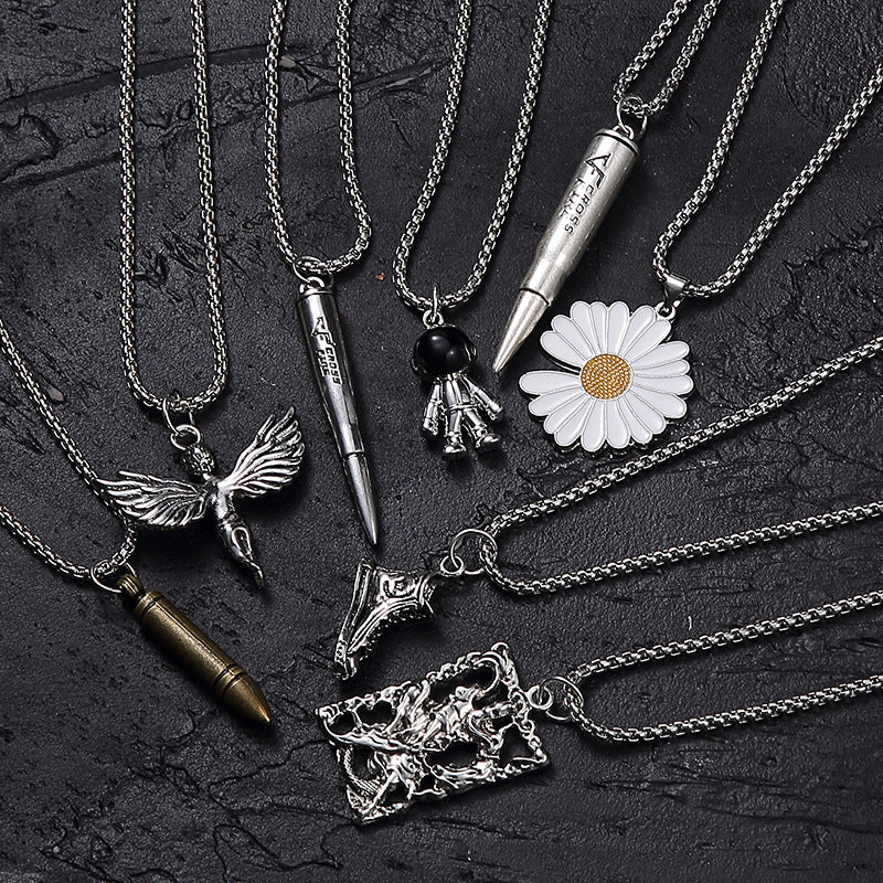 Men's Hip Hop Titanium Steel Spaceman Chrysanthemum Angel Boy Necklaces