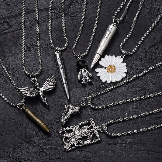 Men's Hip Hop Titanium Steel Spaceman Chrysanthemum Angel Boy Necklaces