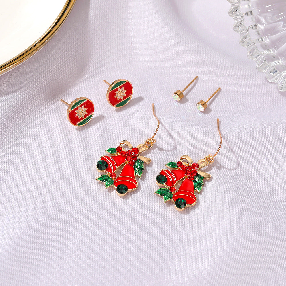 Christmas Three-piece Personalized Dripping Oil Santa Bell Earrings